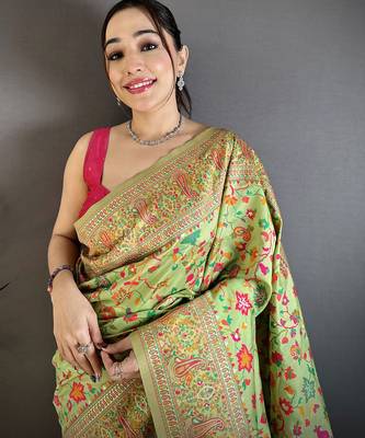 Pastel green pashmina silk meenakari weaving madhubani design kashmiri saree 3