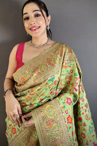 Pastel green pashmina silk meenakari weaving madhubani design kashmiri saree