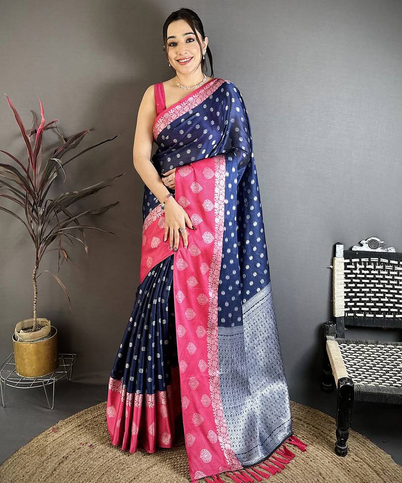 Navy blue soft silk silver zari butti banarasi saree