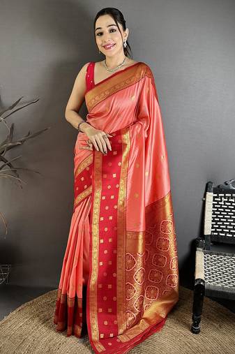 Peach soft silk small floral zari butti gold zari weaving banarasi saree