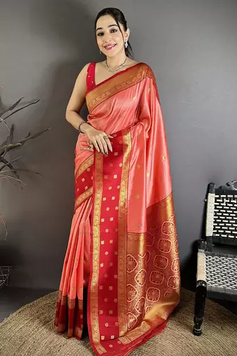 Peach soft silk small floral zari butti gold zari weaving banarasi saree