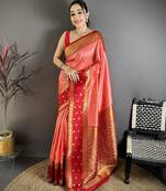 Peach soft silk small floral zari butti gold zari weaving banarasi saree