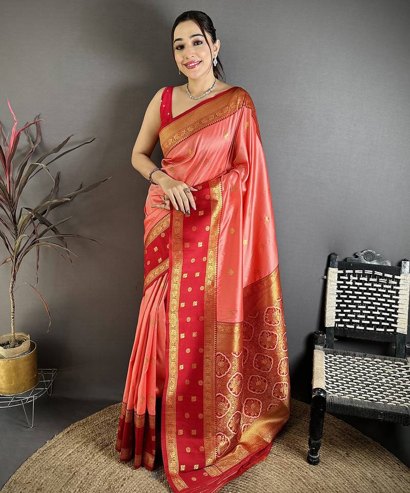 Peach soft silk small floral zari butti gold zari weaving banarasi saree