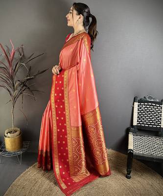Peach soft silk small floral zari butti gold zari weaving banarasi saree 2