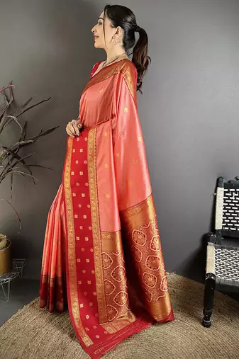 Peach soft silk small floral zari butti gold zari weaving banarasi saree