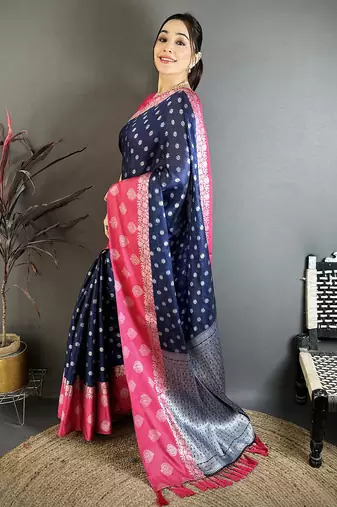 Navy blue soft silk silver zari butti banarasi saree