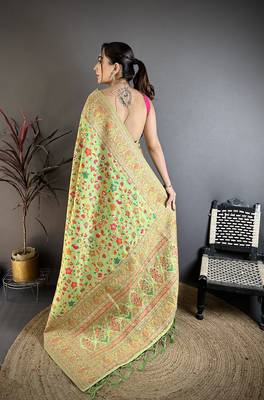 Pastel green pashmina silk meenakari weaving madhubani design kashmiri saree 4