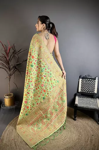 Pastel green pashmina silk meenakari weaving madhubani design kashmiri saree