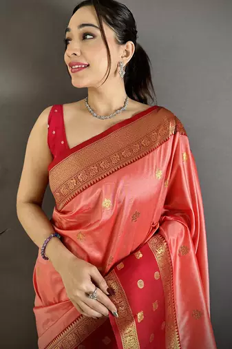 Peach soft silk small floral zari butti gold zari weaving banarasi saree