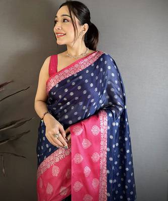 Navy blue soft silk silver zari butti banarasi saree 3