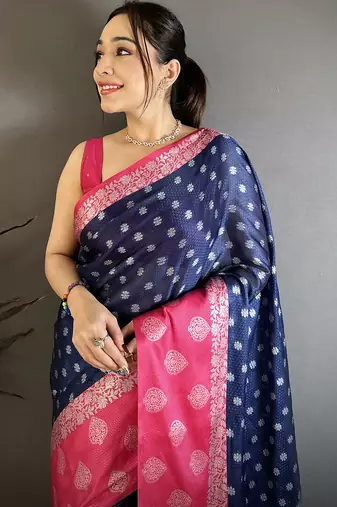 Navy blue soft silk silver zari butti banarasi saree