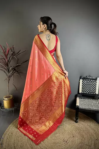 Peach soft silk small floral zari butti gold zari weaving banarasi saree