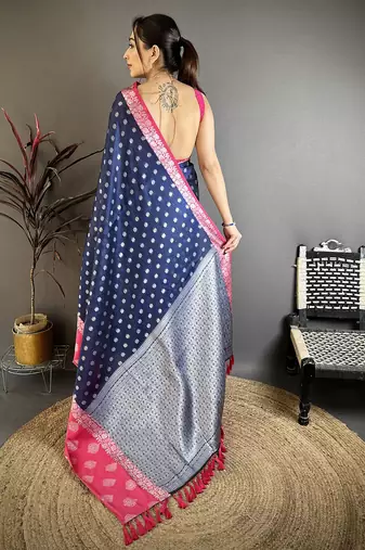 Navy blue soft silk silver zari butti banarasi saree