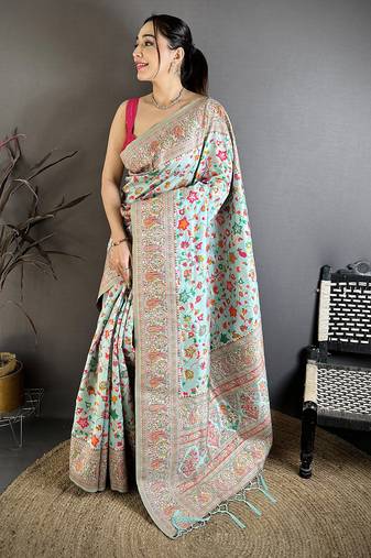 Light blue pashmina silk meenakari weaving madhubani design kashmiri saree