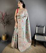 Light blue pashmina silk meenakari weaving madhubani design kashmiri saree