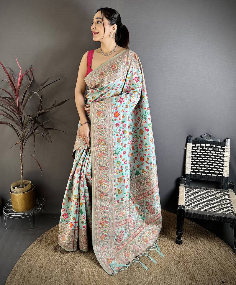 Light blue pashmina silk meenakari weaving madhubani design kashmiri saree