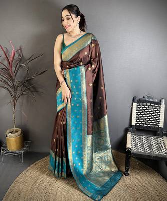 Coffee brown soft silk small floral zari butti gold zari weaving banarasi saree 1