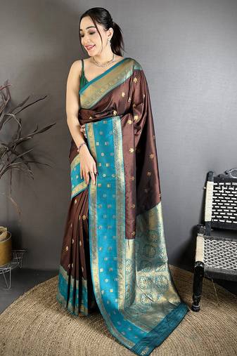 Coffee brown soft silk small floral zari butti gold zari weaving banarasi saree