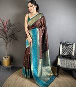 Coffee brown soft silk small floral zari butti gold zari weaving banarasi saree
