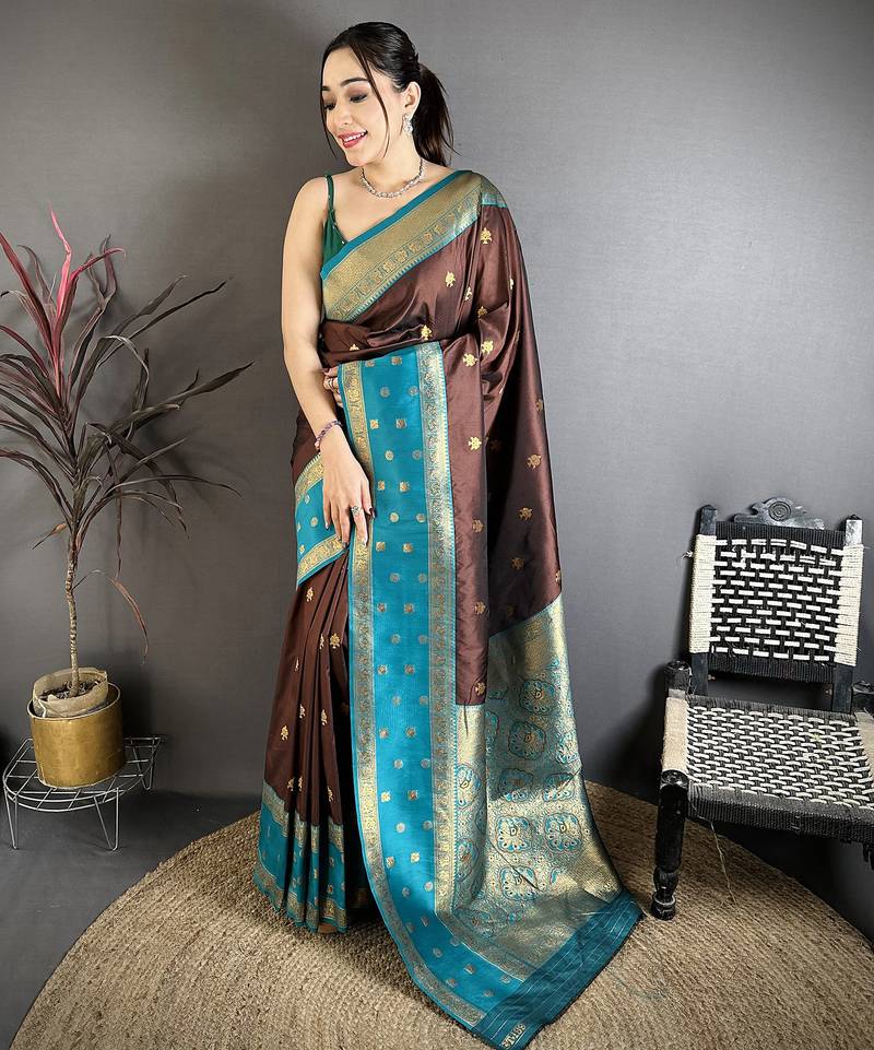 Coffee brown soft silk small floral zari butti gold zari weaving banarasi saree