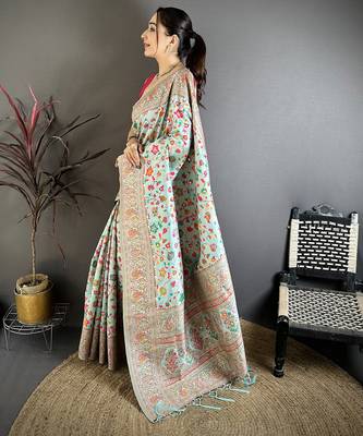 Light blue pashmina silk meenakari weaving madhubani design kashmiri saree 2