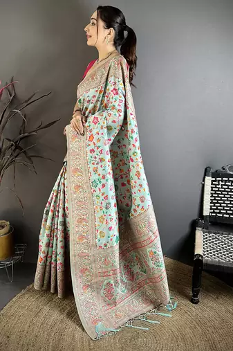Light blue pashmina silk meenakari weaving madhubani design kashmiri saree