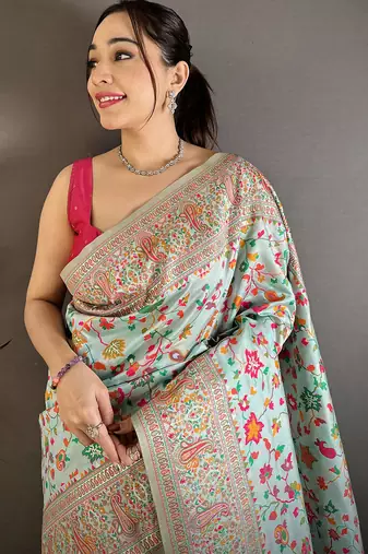 Light blue pashmina silk meenakari weaving madhubani design kashmiri saree
