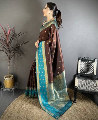 Coffee brown soft silk small floral zari butti gold zari weaving banarasi saree 2