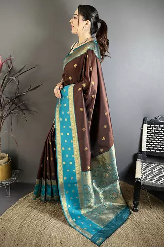Coffee brown soft silk small floral zari butti gold zari weaving banarasi saree