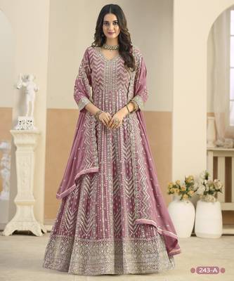 Peach faux georgette semi stitched anarkali suit with embrodery work 1