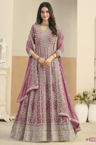 Peach faux georgette semi stitched anarkali suit with embrodery work