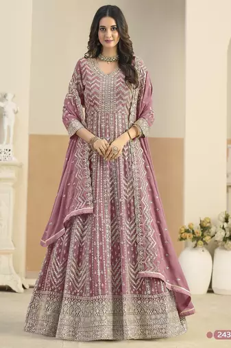 Peach faux georgette semi stitched anarkali suit with embrodery work