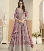 Peach faux georgette semi stitched anarkali suit with embrodery work