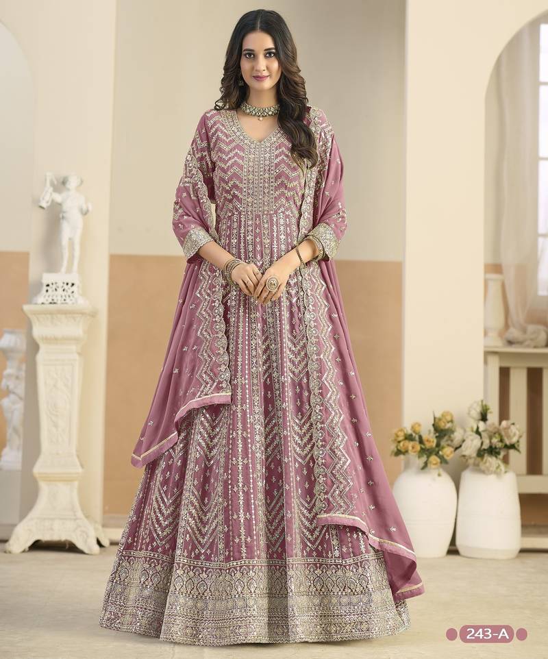 Peach faux georgette semi stitched anarkali suit with embrodery work