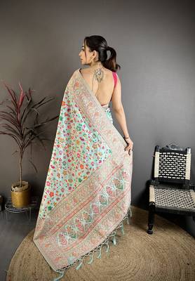 Light blue pashmina silk meenakari weaving madhubani design kashmiri saree 4