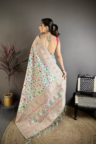 Light blue pashmina silk meenakari weaving madhubani design kashmiri saree