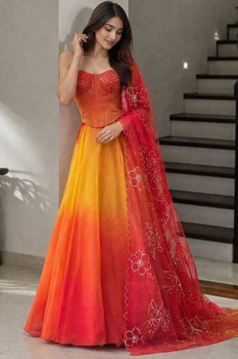 multicolour organza Corset Lehenga