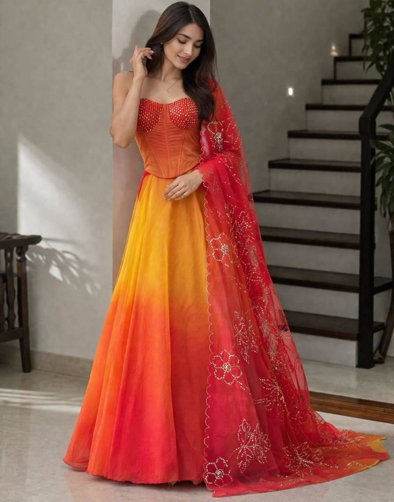 multicolour organza Corset Lehenga