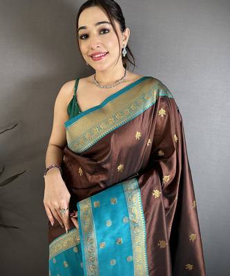 Coffee brown soft silk small floral zari butti gold zari weaving banarasi saree 3