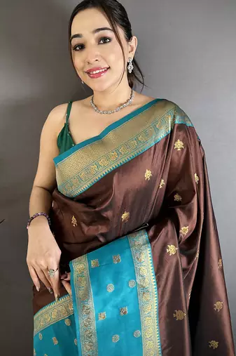 Coffee brown soft silk small floral zari butti gold zari weaving banarasi saree