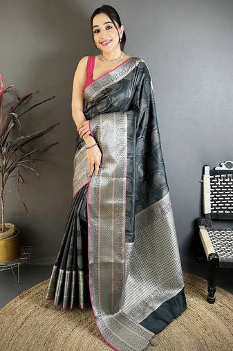 Black banarasi silk leaf motif kanjivaram sarees