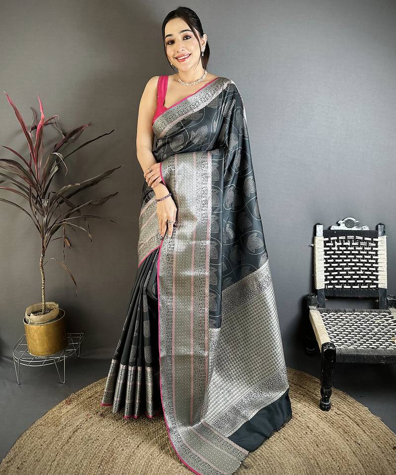 Black banarasi silk leaf motif kanjivaram sarees