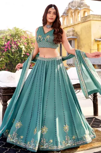 Teal Blue Embroidered Lehenega