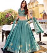 Teal Blue Embroidered Lehenega