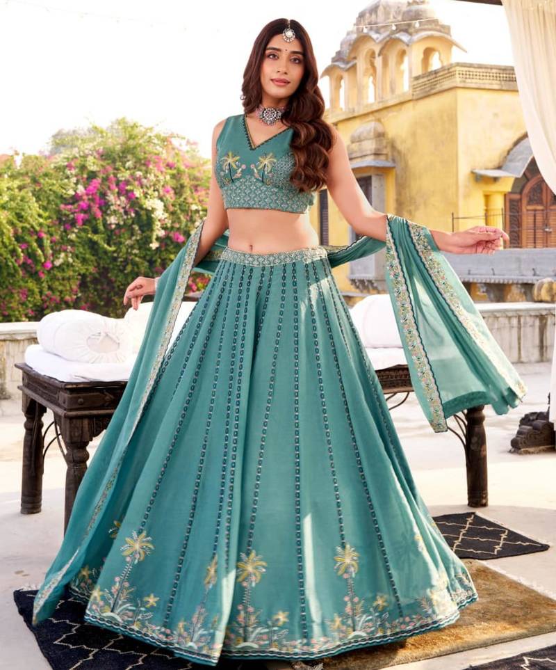 Teal Blue Embroidered Lehenega