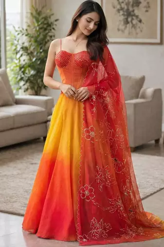 multicolour organza Corset Lehenga