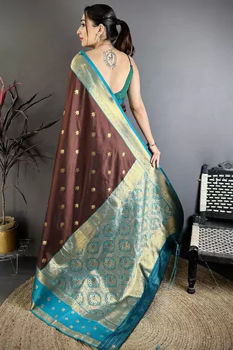 Coffee brown soft silk small floral zari butti gold zari weaving banarasi saree