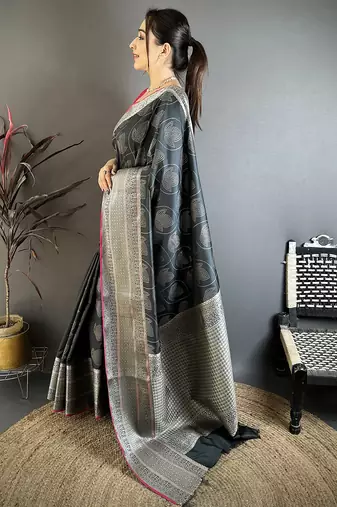 Black banarasi silk leaf motif kanjivaram sarees