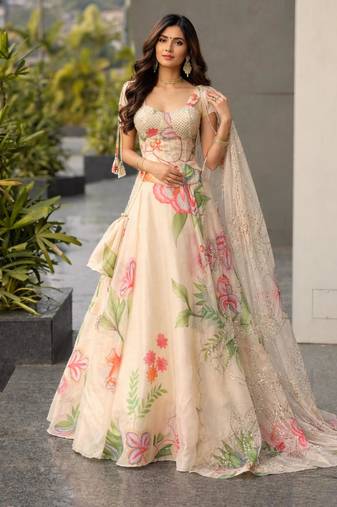 Cream Floral Silk Lehenga