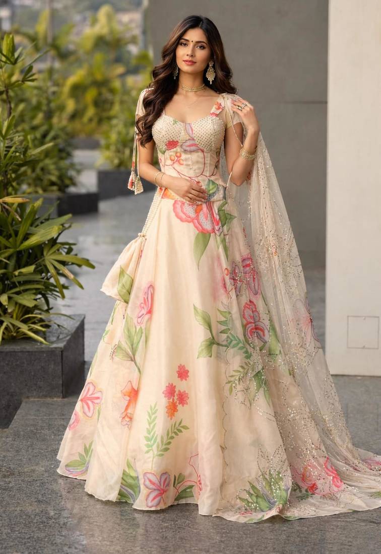 Cream Floral Silk Lehenga